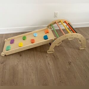 Montessori Style Wooden Pikler Climber Slide + Rock Wall Convertible Toddler Gym